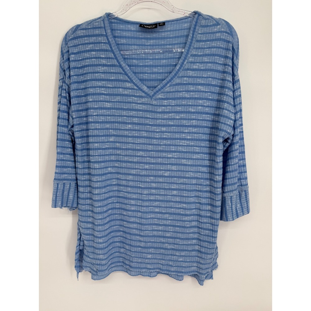 Onque Casual Blue White Striped V-Neck 3/4 Sleeve Knit Top Sz M